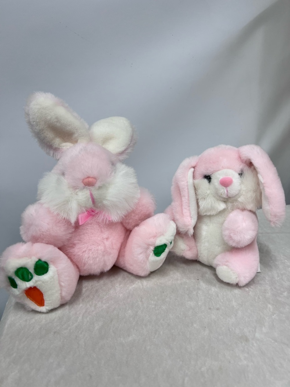 Vtg Pink Plush Bunny Pair Soft Pink & White Stuffed Rabbits set of two animals